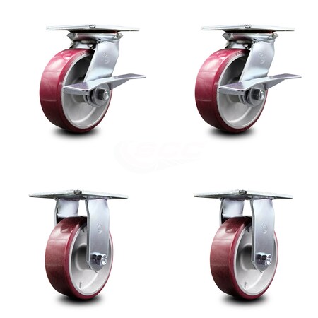 Service Caster 6 Inch Poly on Aluminum Caster Set with Ball Bearing 2 Brakes and 2 Rigid SCC SCC-35S620-PAB-SLB-2-R-2